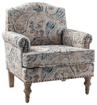 Lamber Wooden Upholstered Armchair With Camelback, Paisley