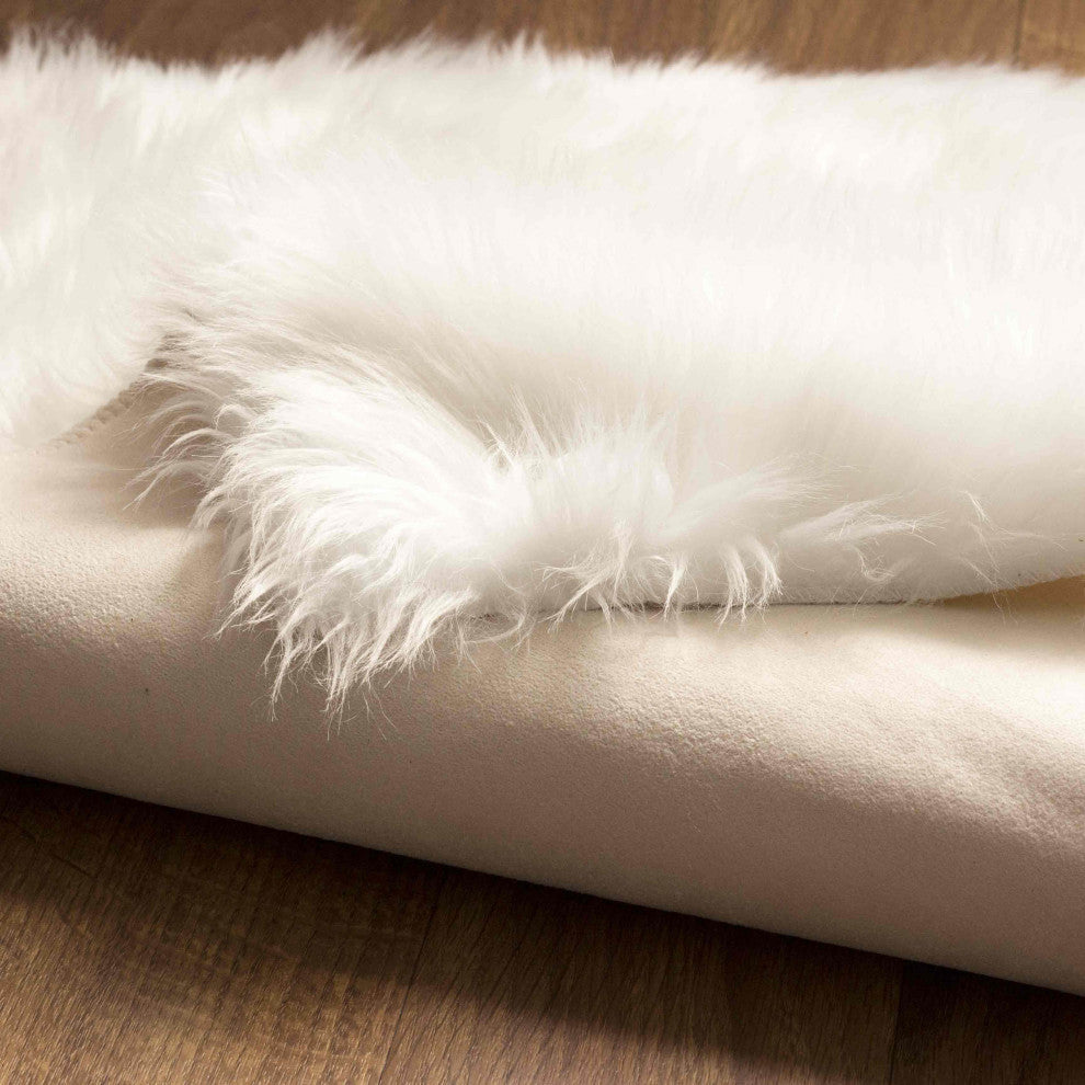 Plush and Soft Faux Sheepskin Fur Shag Area Rug, White, 2' X 6' Shaped