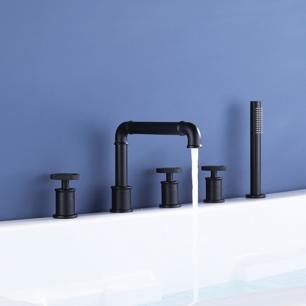 Modern 3-Handle Deck Mounted Roman Tub Faucet With Handshower, Matte Black