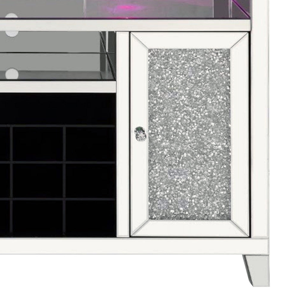 Benzara BM269546 Mirrored Wine Cabinet With 2 Doors and LED Lights, Silver
