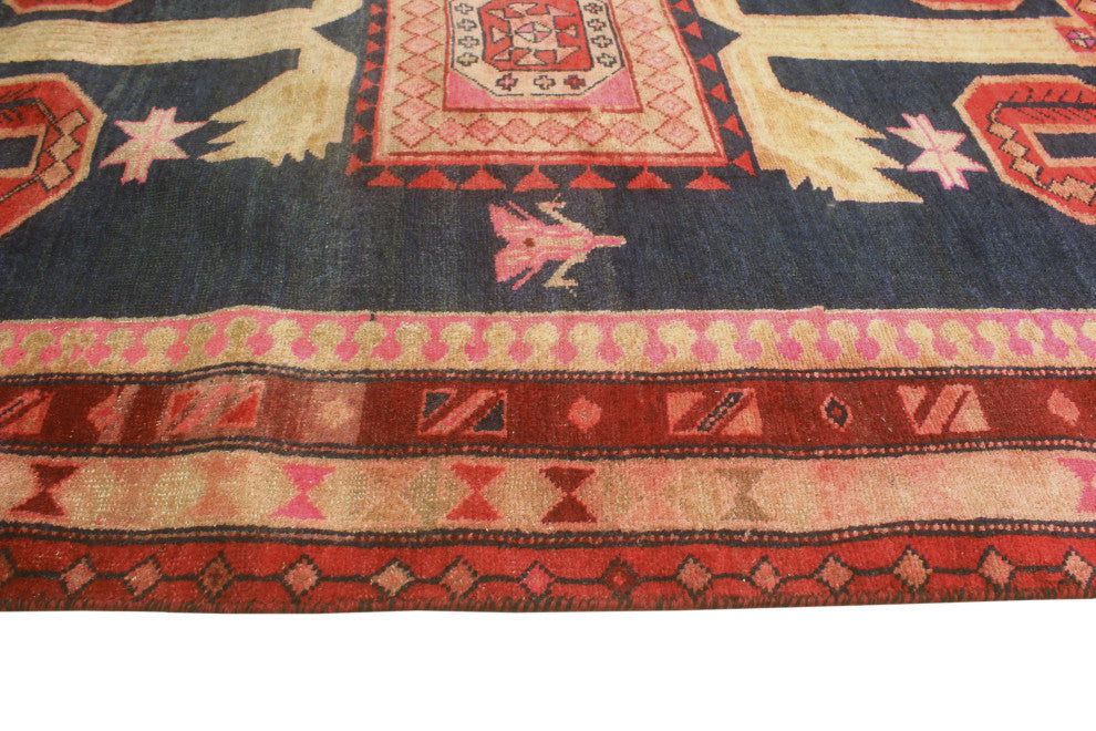 Fine Vintage Distressed Beheshta Navy/Burgundy Runner, 4'0x9'4