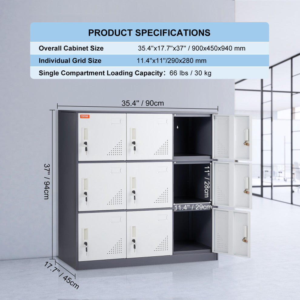 Metal Locker Cabinet 9 Compartment Steel Office School Gym Organize Storage, Gray