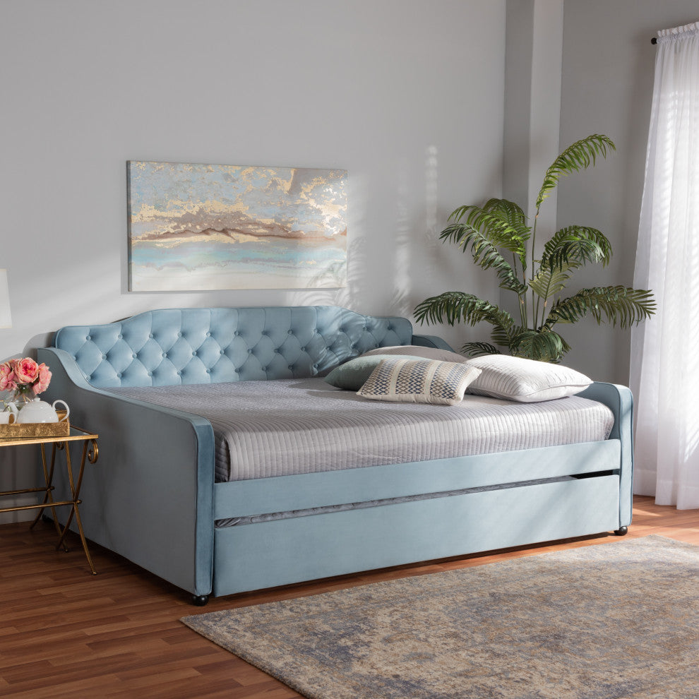 Hadgeon Light Blue Velvet Queen Daybed With Trundle
