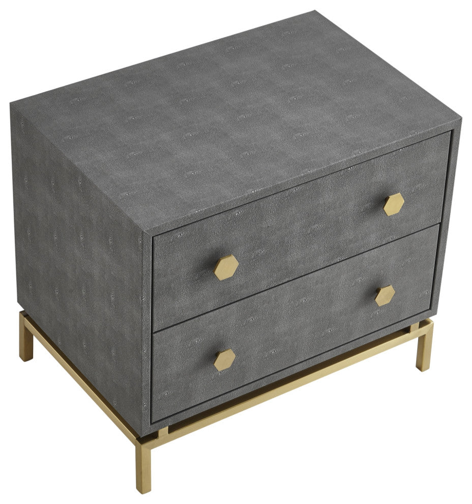 Nicole Miller Aharon Side Table, 2 Drawers, Faux Shagreen, Gray/Gold