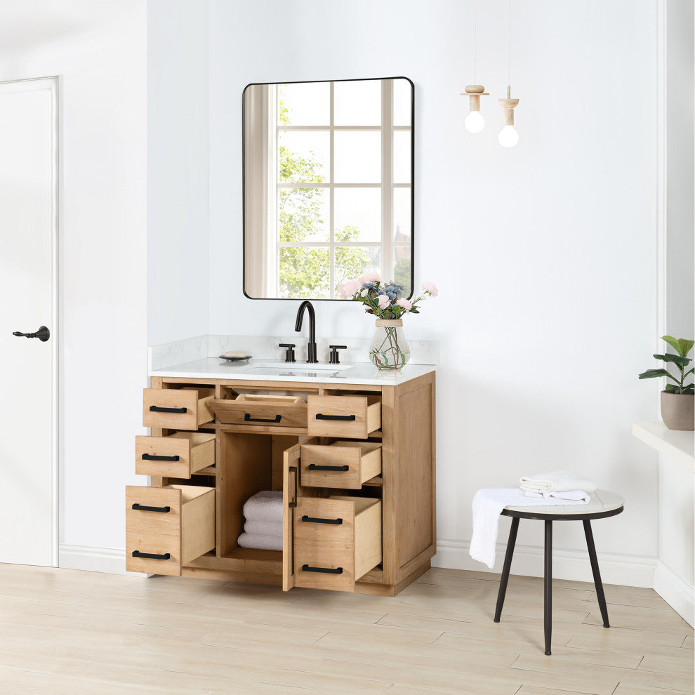Gavino Vanity With Grain White Composite Stone Top, Light Brown/Matte Black, 42", With Mirror
