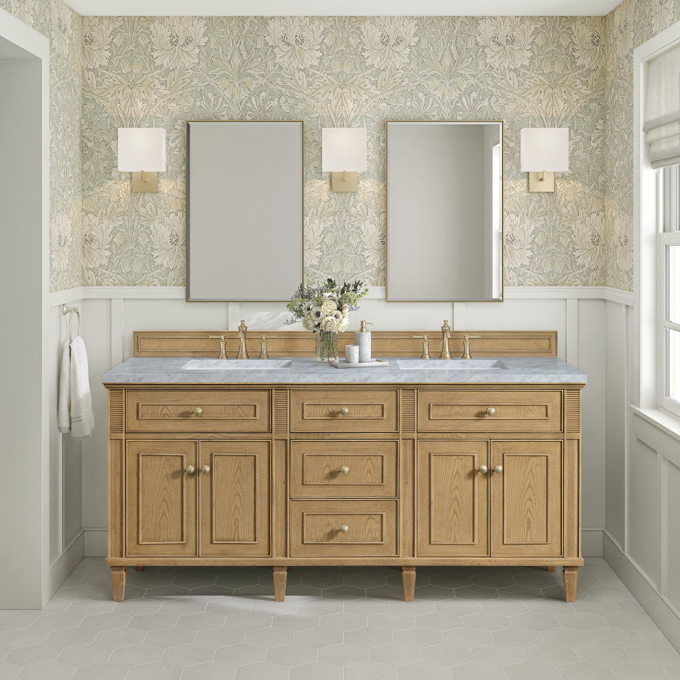 Lorelai 72" Double Vanity, Light Natural Oak, 3 CM Carrara White Marble Top