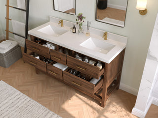 Parker Teak 60" Double Sink Vanity, Dark Walnut Teak, 60" Double, 2" White Quartz