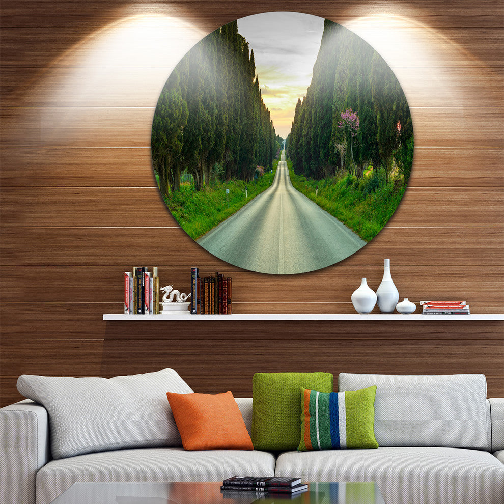 Straight Road Through Cypress Trees, Landscape Round Metal Artwork, 11"