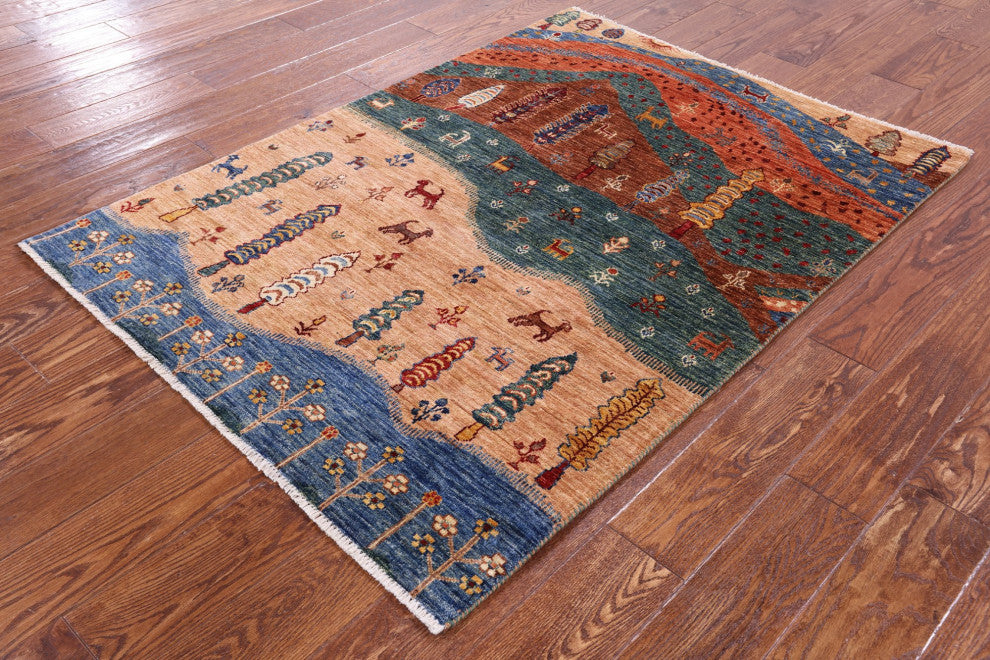 Persian Gabbeh Tribal Hand Knotted Rug 3' 8" X 5' 1" Q10732