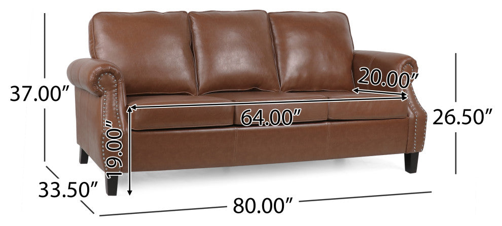 Burkehaven Contemporary Faux Leather 3 Seater Sofa With Nailhead Trim, Cognac Brown/Dark Brown