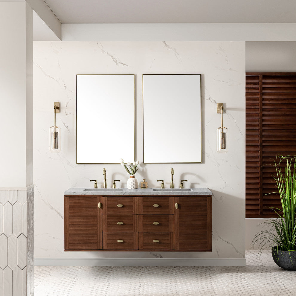 Amberly 30" Single Vanity, Mid-Century Walnut, 60", Eternal Jasmine Pearl, Three-Hole
