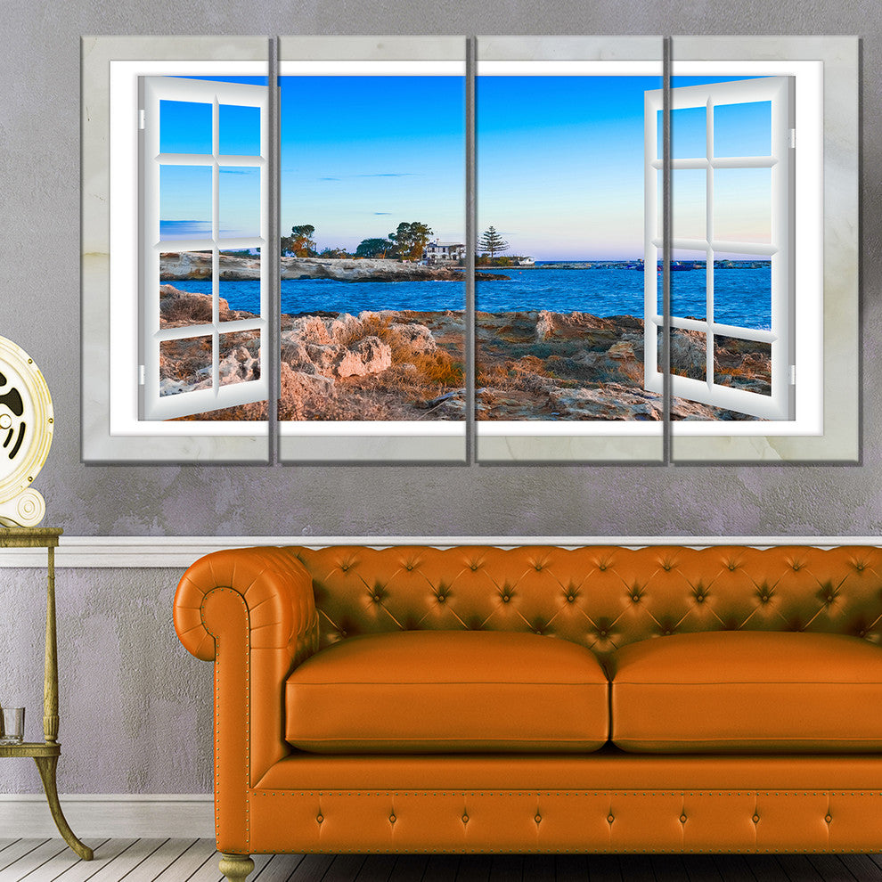 "Open Window To Blue Seashore" Landscape Wall Art Print, 4 Panels, 48"x28"