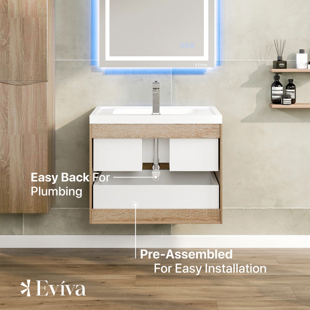 Eviva Smile 30" White Oak Wall Mount Modern Bathroom Vanity White Acrylic Sink