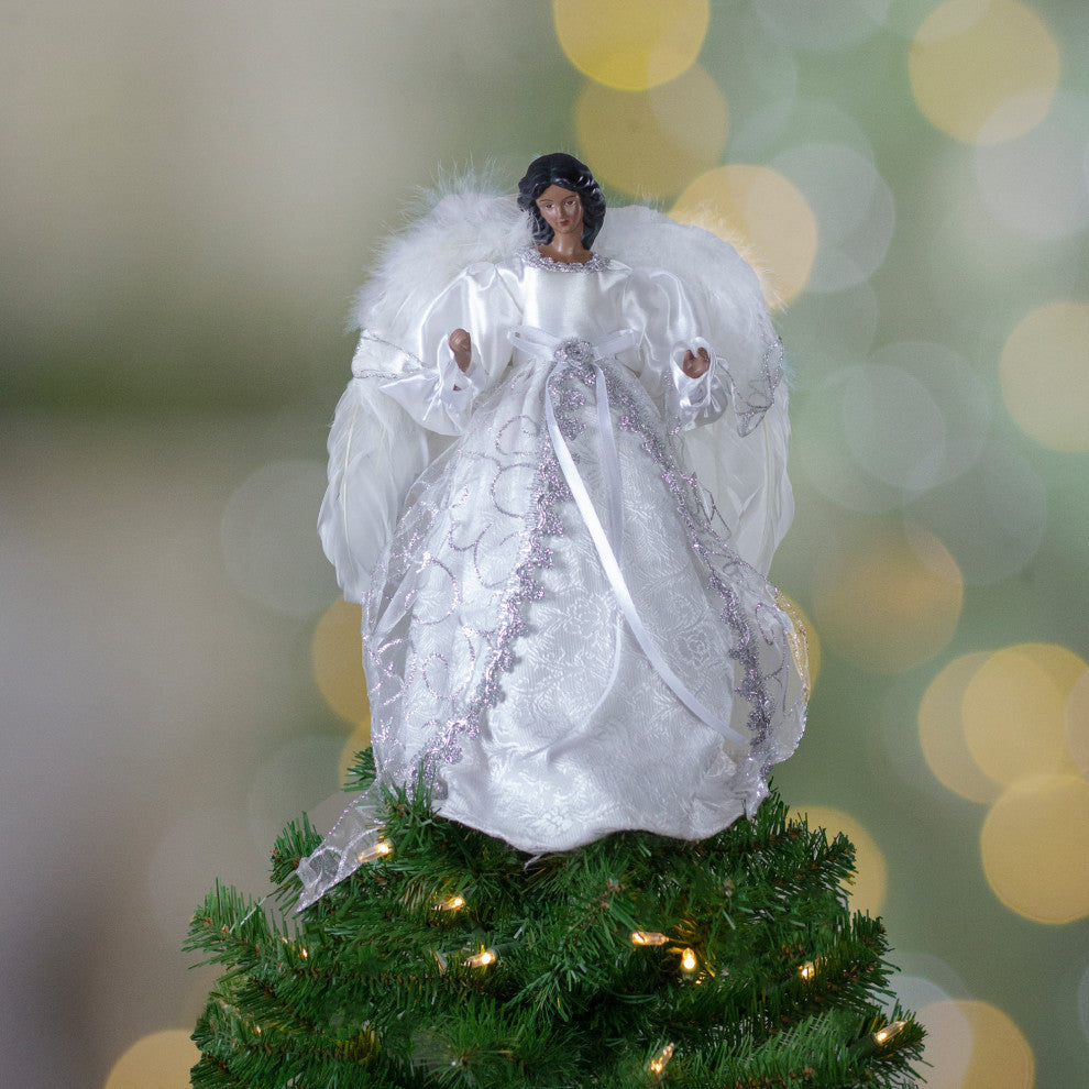 14" African American Silver & White Angel Christmas Tree Topper Unlit