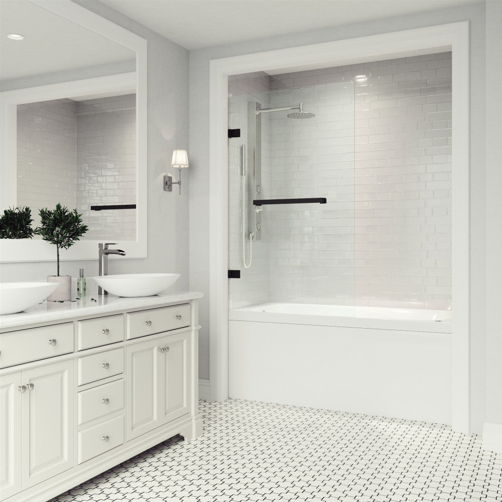 VIGO Rialto 34" W x 58" H Frameless Hinged Tub Door, Matte Black, Clear Glass