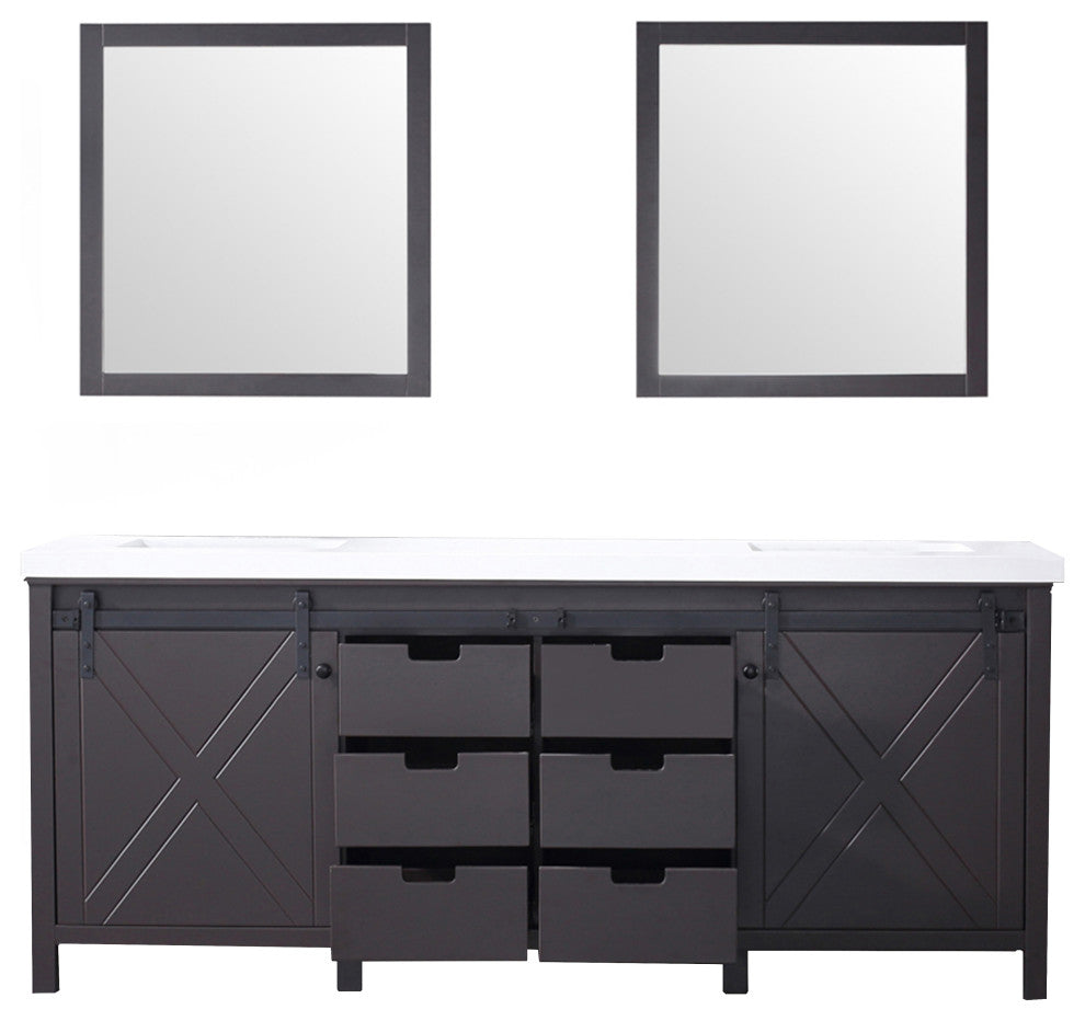 Marsyas 80" Brown Double Vanity Cabinet Quartz Top Sinks, 30" Wall Mirrors
