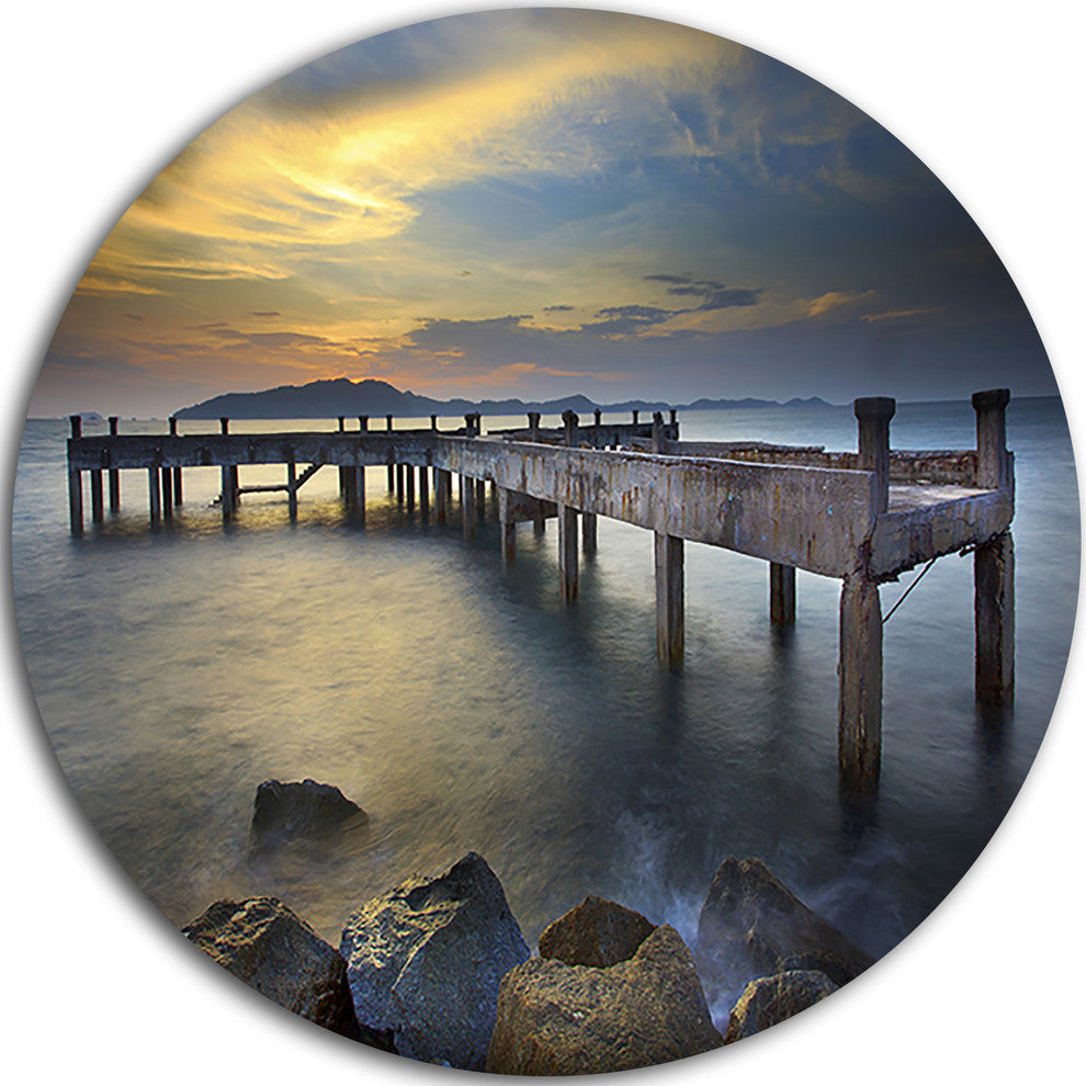 Old Wood Boat Jetty Into Blue Sea, Sea Bridge Round Wall Art, 11"