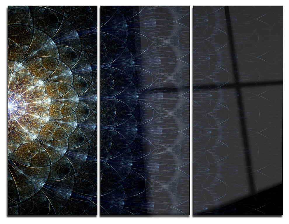 "Symmetrical Blue Silver Fractal Flower" Metal Wall Art, 3 Panels, 36"x28"