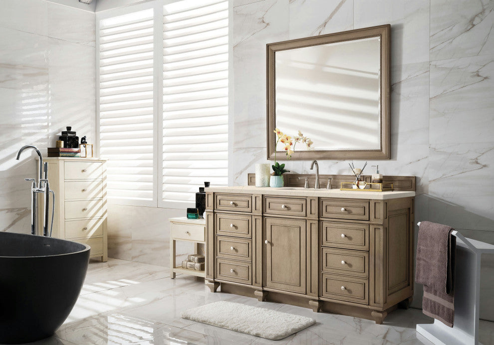 Bristol 60" Single Vanity, Whitewashed Walnut, w/ 3 CM Eternal Marfil Quartz Top