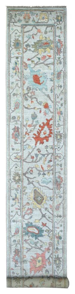 Silver Gray Pure Wool Hand Knotted Afghan Angora Ushak XL Runner Rug, 2'6"x16'1"