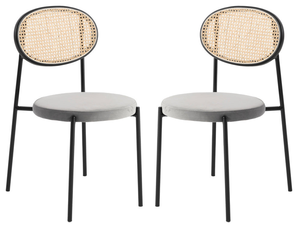 LeisureMod Euston Dining Chair with Wicker Back & Velvet Seat Set of 2, Gray