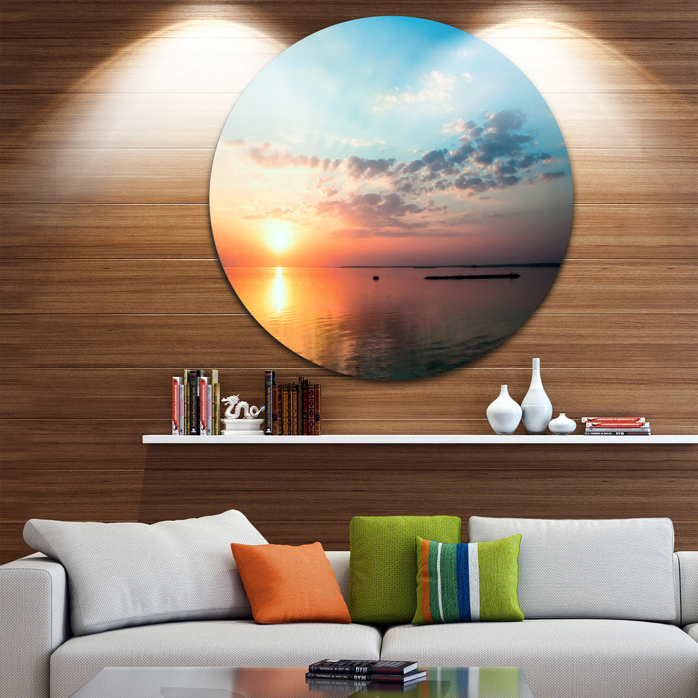 Dramatic Sunset Cloudy Sky, Beach Round Metal Wall Art, 23"