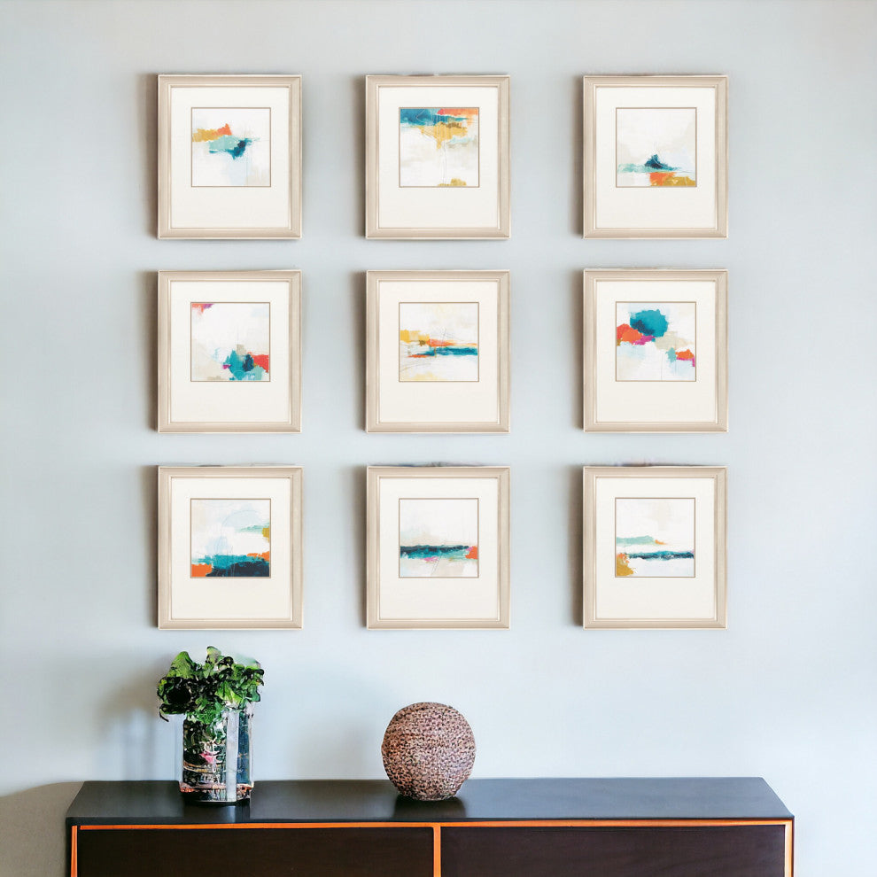 Set of Nine 14" X 16" Modern Abstract Champagne Gold Framed Art