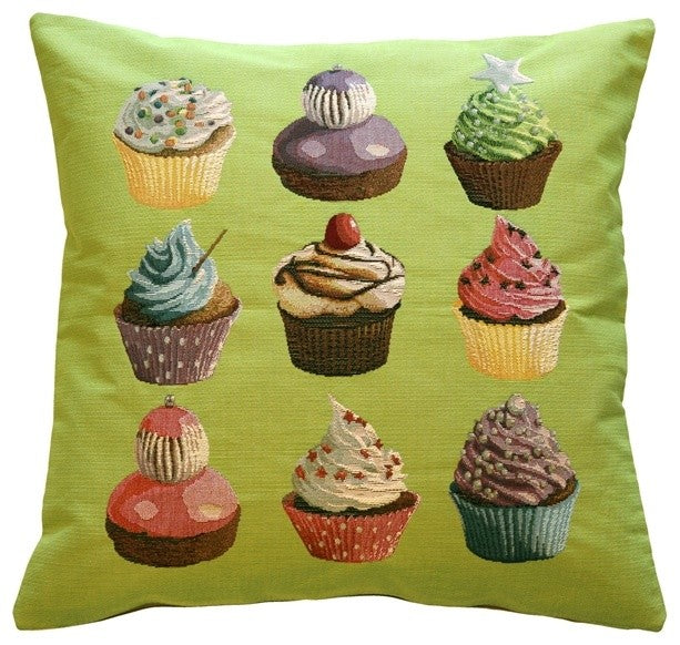 Pillow Decor - Cupcakes on Green French Tapestry Throw Pillow