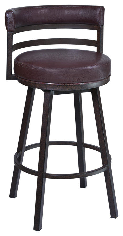 Benzara BM282082 26" Swivel Counter Stool, Vegan Leather, Curved Back, Brown