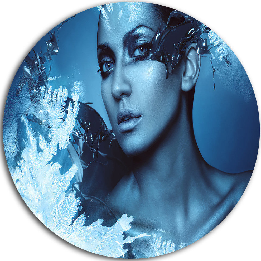 Woman With Snow Splash, Art Portrait Disc Metal Artwork, 23"