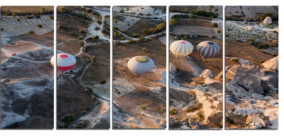 Flight with Balloons at Sunrise, Large Landscape Canvas Art, 60"x28", 5 Panels