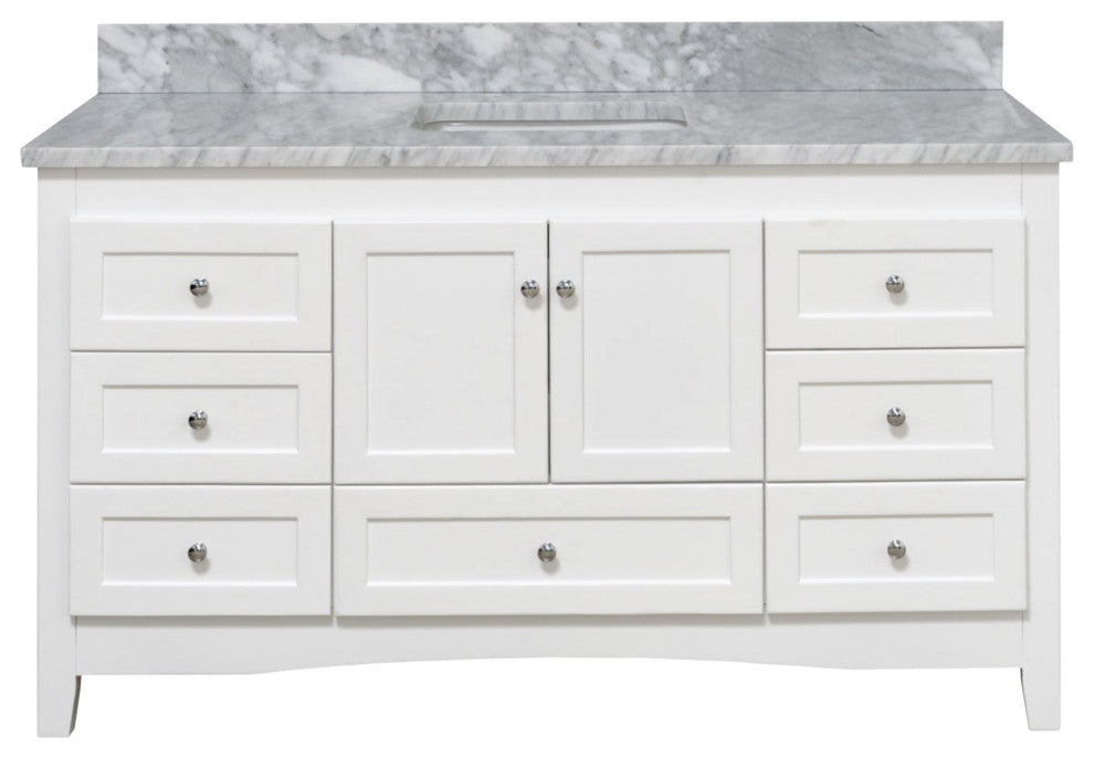 Abbey 60" Bath Vanity, Base: White, Top: Carrara Marble, Single Vanity