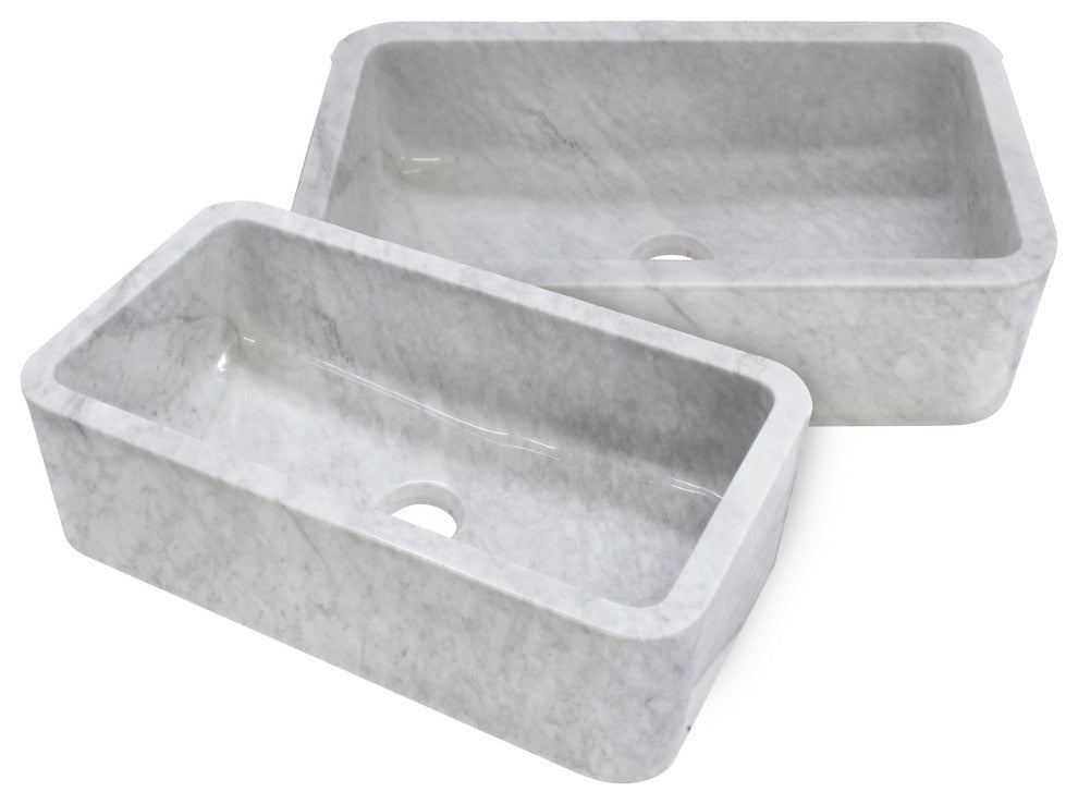Single Bowl Kitchen Sink, Carrara White Marble With Polished Apron