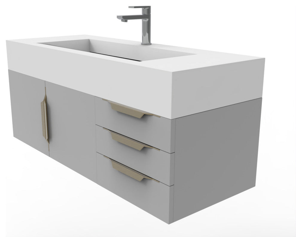 CastelloUSA Nile 48" Wall Mounted Vanity Set, Gray, White Top, Gold Handles