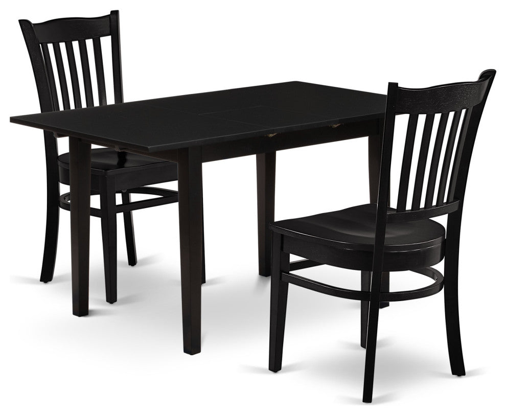 3-Pc Dining Set 2 Dining Chairs, Slatted Back, Butterfly Leaf Seat, Table, Black