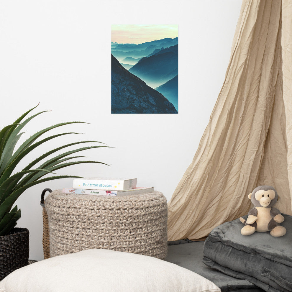Misty Blue Silhouette Mountain Range Landscape Photo Unframed Wall Art Prints, 12" X 16"