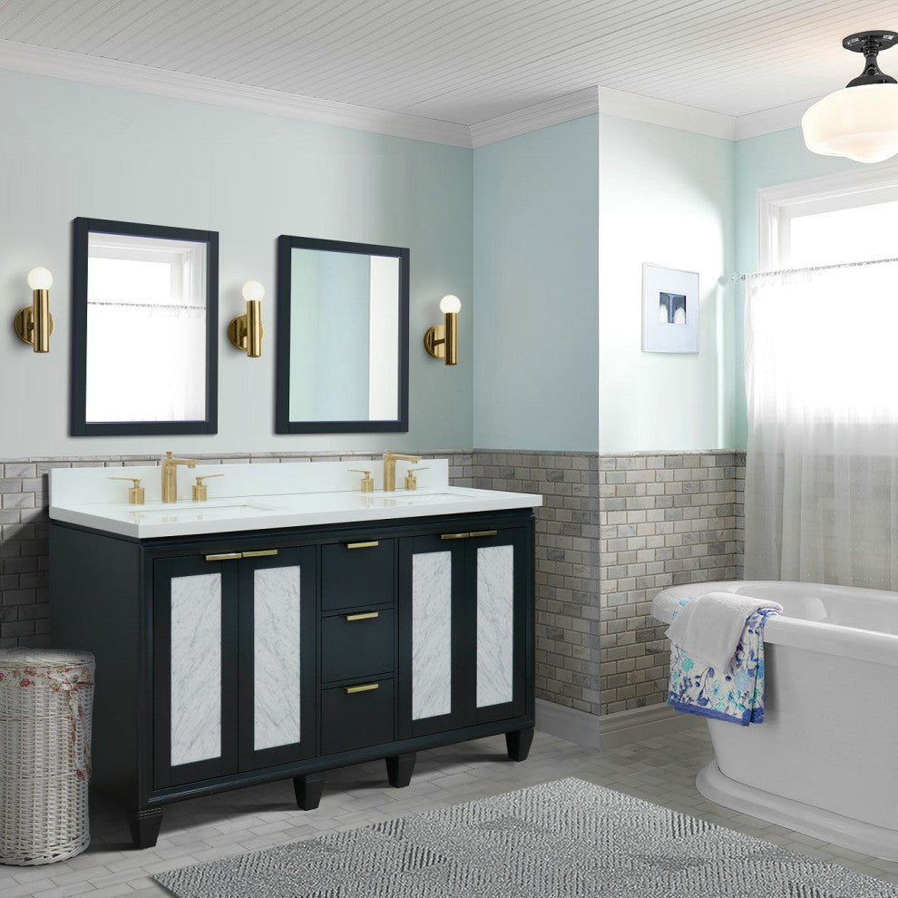 61" Double Vanity, Dark Gray Finish With Engineered Stone Top, Rectangle Sink