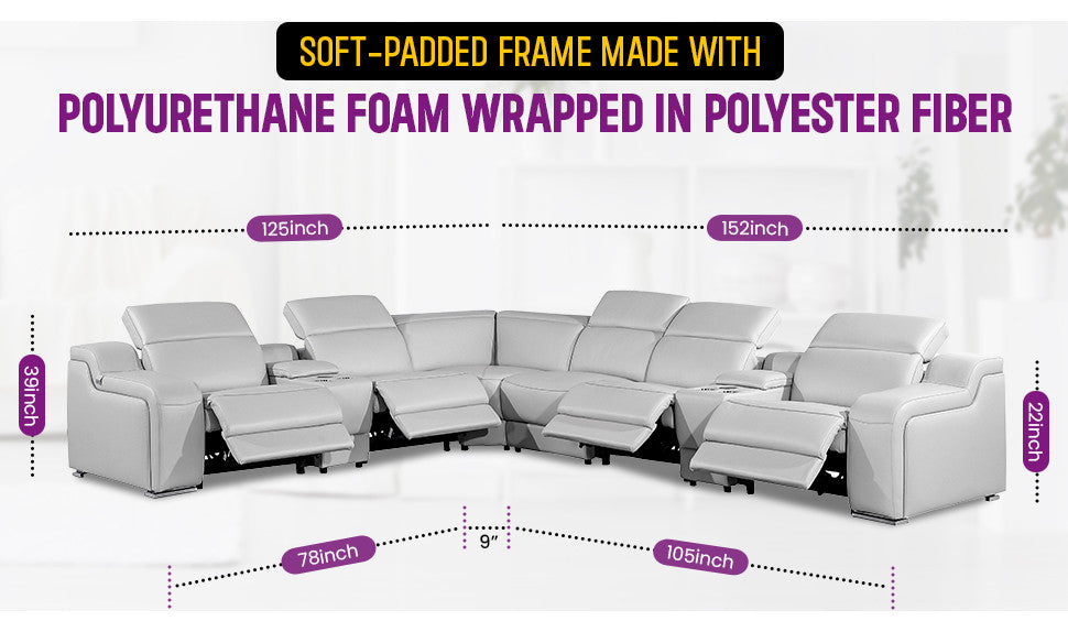 Marco-8-Piece, 4-Power Reclining Italian Leather Sectional, Light Gray