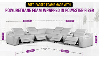 Marco-8-Piece, 4-Power Reclining Italian Leather Sectional, Light Gray