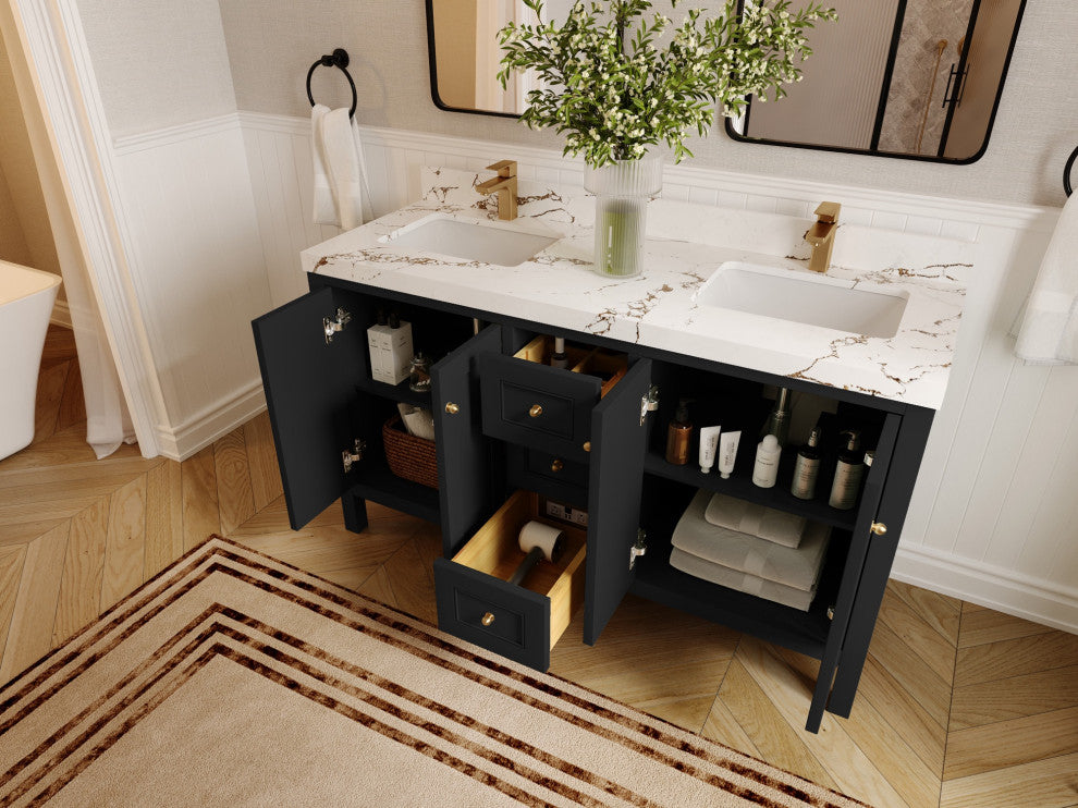 Nashville 60" Double Bathroom Vanity, Black 2" White Quartz