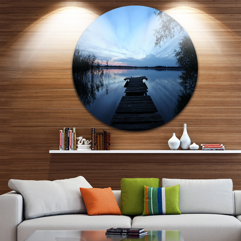 Dark Wooden Pier In Lake, Seascape Photo Large Disc Metal Wall Art, 11"