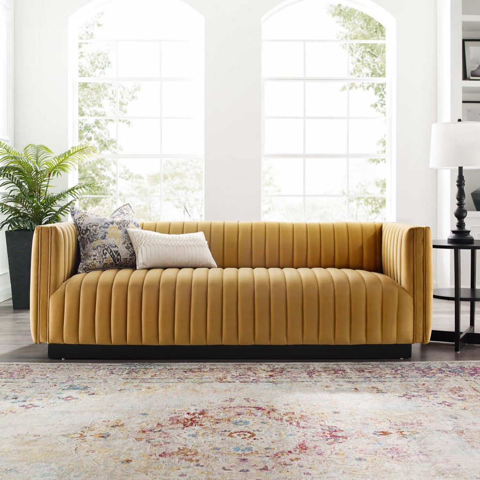 Tufted Sofa, Velvet, Brown, Modern, Living Lounge Room Hotel Lobby Hospitality