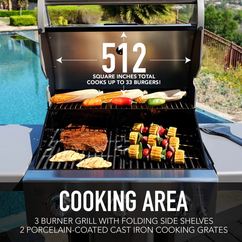 Permasteel 3 Burner Propane Gas Grill with Folding Side Shelves, Copper