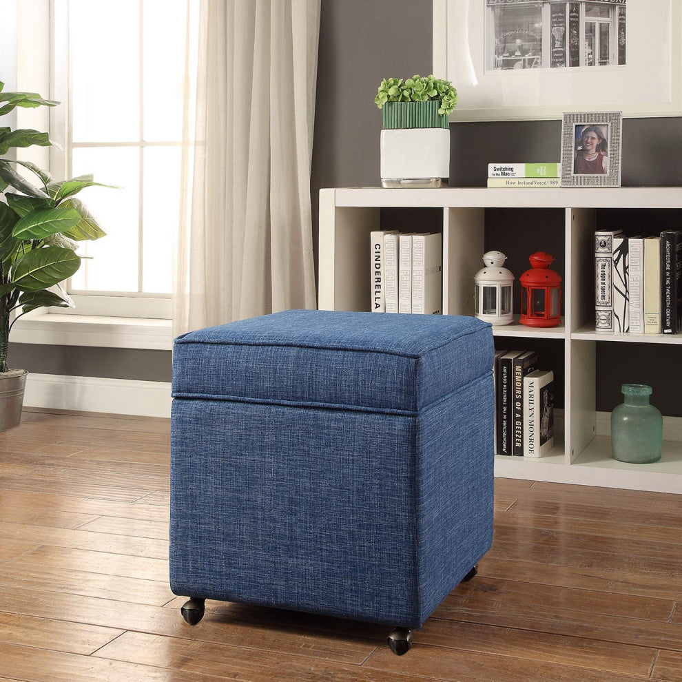 Lionel Linen Hidden Storage Castered Legs Ottoman Cube, Blue