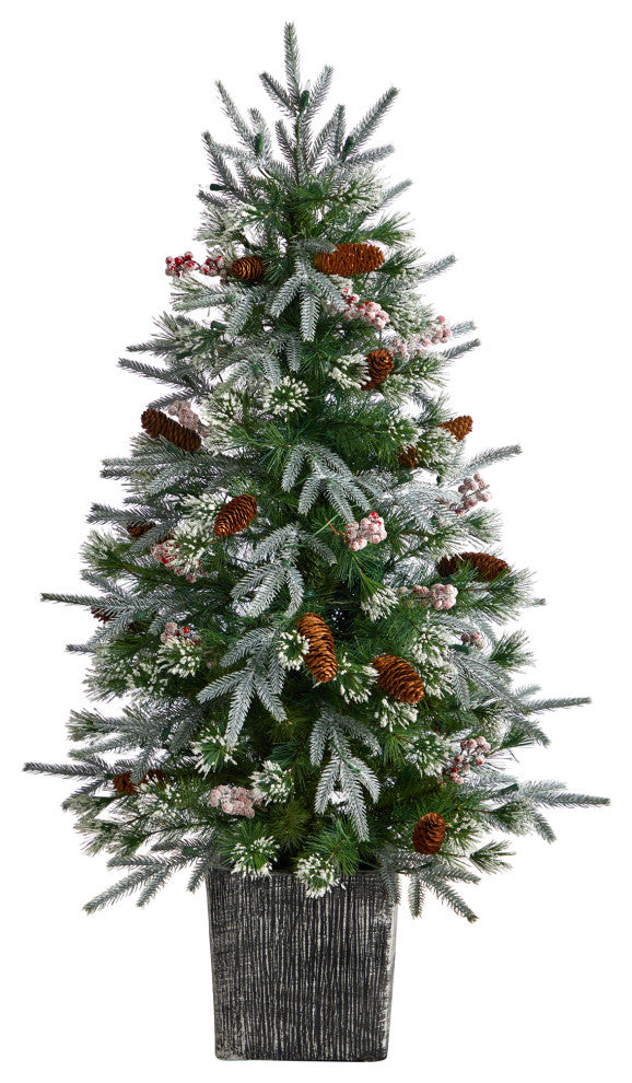 4' Frosted Faux Xmas Tree Pre-Lit With 105 lights & Berries, Decorative Planter