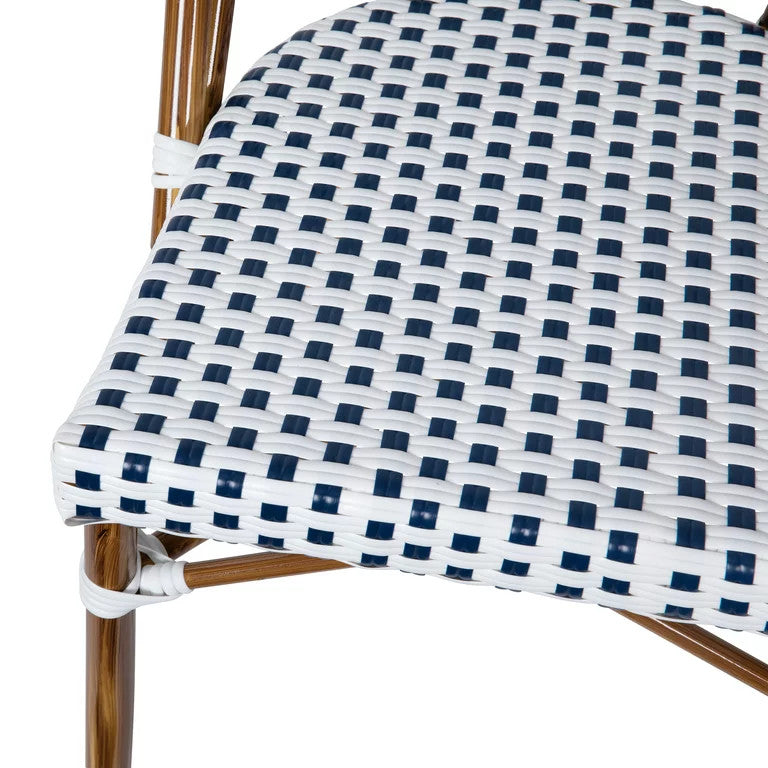 Set of 2 Indoor Outdoor Dining Chair, Woven Rattan Seat & Back, White & Navy