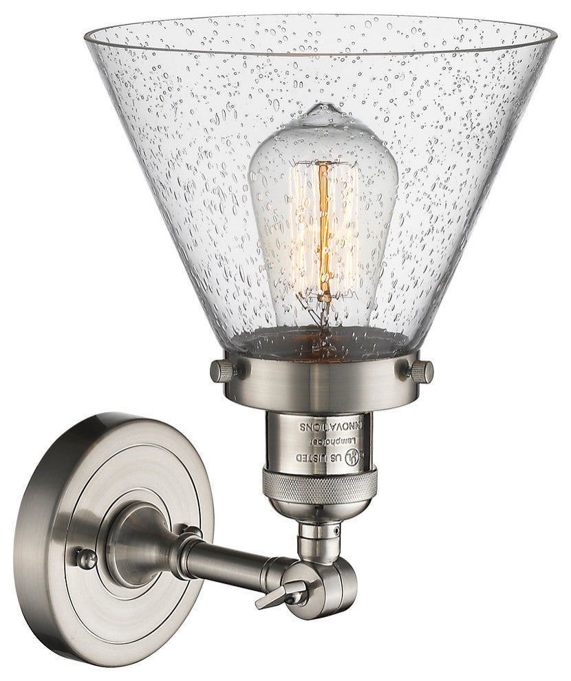Large Cone 1-Light LED Sconce, Brushed Satin Nickel, Glass: Seedy