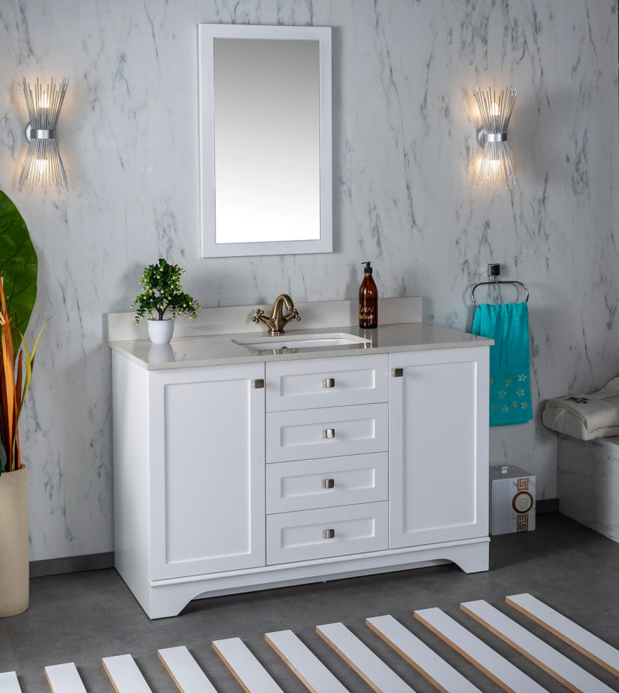 Livia Collection 48" Bath Vanity Quartz Top and Ceramic Sink, White, 48"