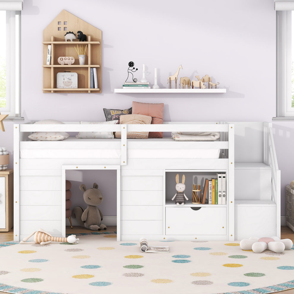 Gewnee SOLID WOOD TWIN SIZE LOW LOFT BED WITH STAIR