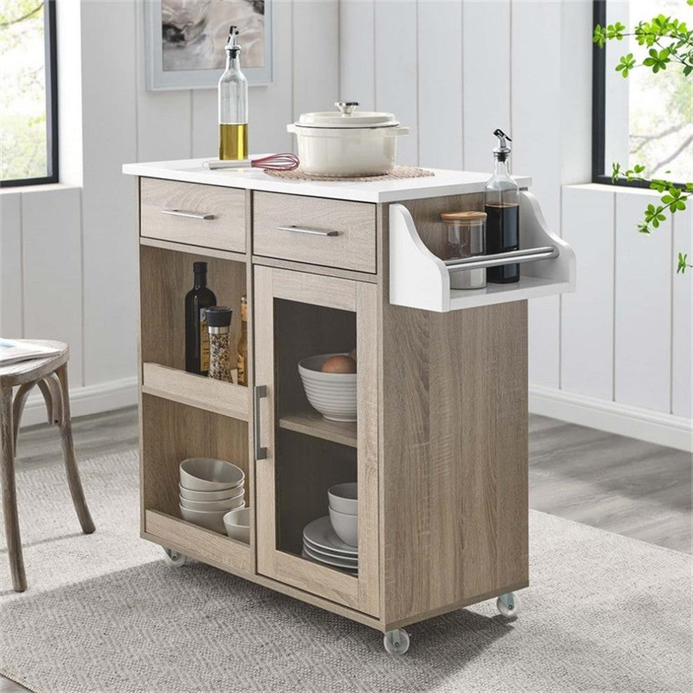 Modway Wood Culinary Kitchen Cart with Spice Rack in Oak and White